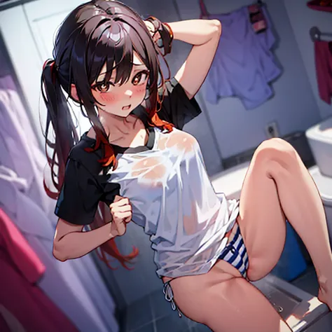 T-shirt oversized, ahegao, blush, wet, white Stripe blue striped panties, see through, nipple, sad, Toddler, full body, bathroom