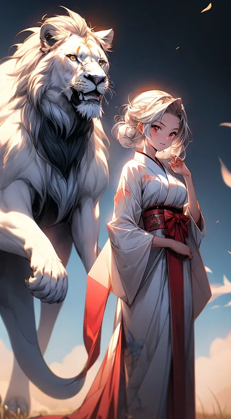 arafed asian girl in a kimono dress standing next to a large white lion, adorable digital painting, ross tran style, by Yanjun Cheng, inspired by Ross Tran, artwork in the style of guweiz, ross tran 8 k, in the style of ross tran, loish and ross tran, by R...