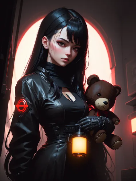 a close up of a person holding a teddy bear((holding a teddy bear)) with a red light, artwork in the style of guweiz, dark art style, dark cyberpunk illustration, fantasy dark art, dark fantasy style art, alena aenami and artgerm, cyberpunk themed art, cyb...