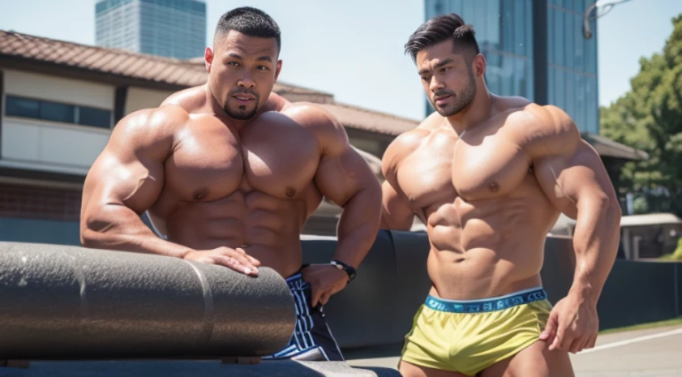 (Very detailed 8k wallpaper), two asian men, muscle worship, arms folded, On the playground, high detailing, buzzcut, very large and strong body, bulging muscles, well-muscled, very large pectoral muscles. Very sexy abs, legs are well-muscledの, Toned figur...