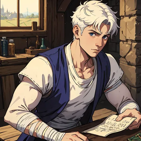 a portrait of a man,  white short hair, athletic body, bandage on hands, a medieval RPG wearing medieval  fighting costume, a medieval art RPG art, a rough detail art