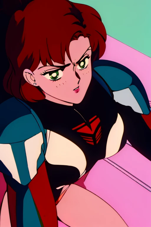 masterpiece, best quality, 1girl, cowboy shot, Jane Shepard, FemShep, short hair, red hair, green eyes, black power armor, N7, sailor moon anime style, anime screencap, 1990s_(style)