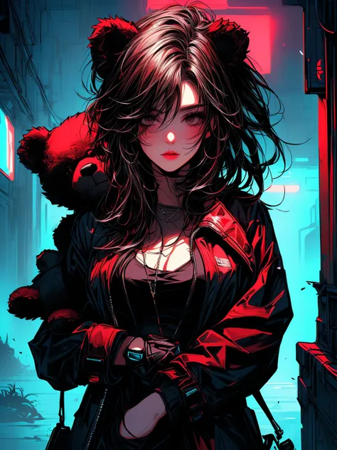 a close up of a person holding a teddy bear((holding a teddy bear)) with a red light, artwork in the style of guweiz, dark art style, dark cyberpunk illustration, fantasy dark art, dark fantasy style art, alena aenami and artgerm, cyberpunk themed art, cyb...