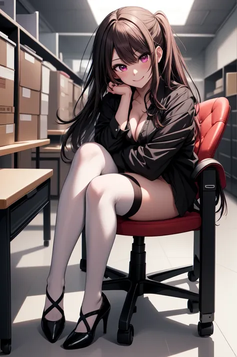 anime, beautiful face, highly detailed face, 2 accurate legs detailed eyes, highly detailed background, perfect lighting, accurate arms, accurate hands, accurate fingers, full body, 1girl, solo, ruby hoshino, oshi no ko, indoors, detailed heels, black deta...