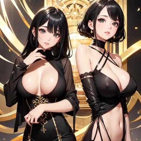 Girl, random background, black hair colour, Golden and black dress, ultra quality, beautiful eyes, perfect body, high quality, cute big breast, sexy face, perfect breast,