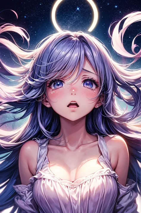 ((masutepiece,Best Quality)),(negative space:1.4),(1girl in, Solo:1.4),Beautiful detailed eyes,Floating pastel pink and lavender hair, Lavender eyes, At night, Starry sky, Shining stars, moon shining, girl crying with mouth wide open,length hair, Hair sway...