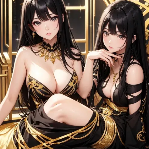 Girl, random background, black hair colour, Golden and black dress, ultra quality, beautiful eyes, perfect body, high quality, cute medium breast, sexy face, perfect breast,