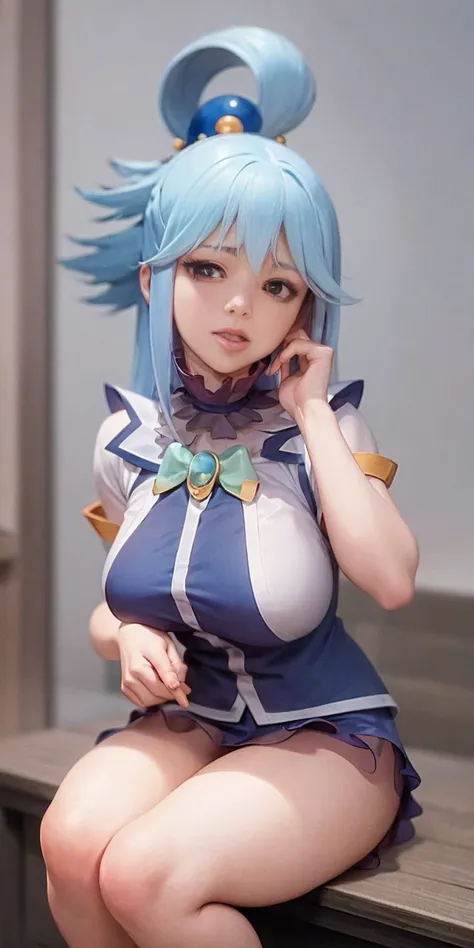 full body, 1 child female, tarot cards (Prominence in Masterpiece, Best Quality: 1.2), solo, 1 girl,aqua, serious, mouth closed, looking at viewer, hand on face, sitting, legs crossed, big thighs, big breasts,blue hair) The clothes ar， bandagens， Leather