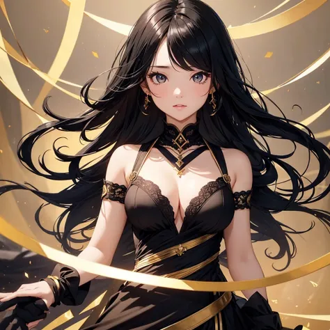 1 Girl, random background, black hair colour, Golden and black dress, ultra quality, beautiful eyes, perfect body, high quality, cute medium breast, sexy face, perfect breast,