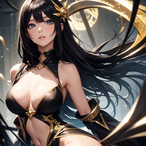 1 Girl, random background, black hair colour, Golden and black dress, ultra quality, beautiful eyes, perfect body, high quality, cute medium breast, sexy face, perfect breast,