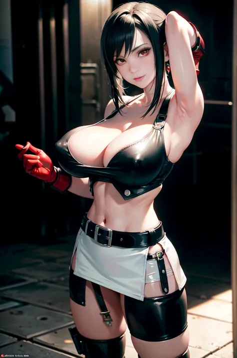 (8k, best quality, masterpiece:1.2), (realistic, photo-realistic:1.37), ultra-detailed, 1 girl,cute, solo, (tifa lockhart), (huge breasts:1.5),(beautiful detailed eyes), (smile:1.2), (closed mouth), erotic pose, dancing, outside an industrial factory, dept...