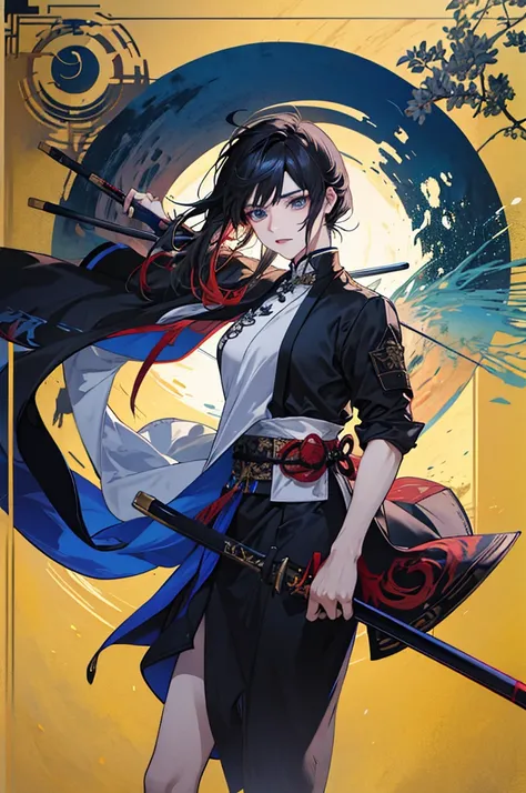 Anime character with black hair and blue eyes holding a sword, Handsome guy in the art of slaying demons, keqing from genshin impact, genshin impact character, Demon Slayer: Rui fan art, zhongli from genshin impact, demon slayer artstyle, ayaka genshin imp...