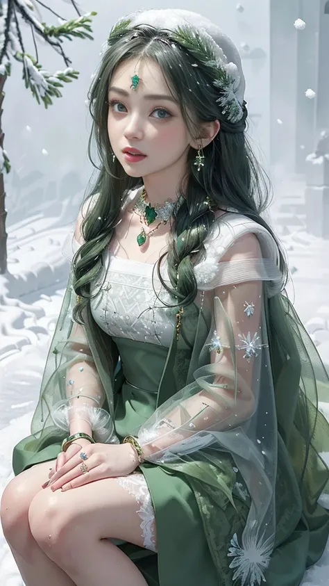 8k, masterpiece, 1 girl, beautiful face, very long hair, light makeup, detailed eyes, detailed lips, small bust, winter dress, dark green dress, (wearing jewellery:1.8), (green lace:1.4), ((snow falling:1.4)), sitting,