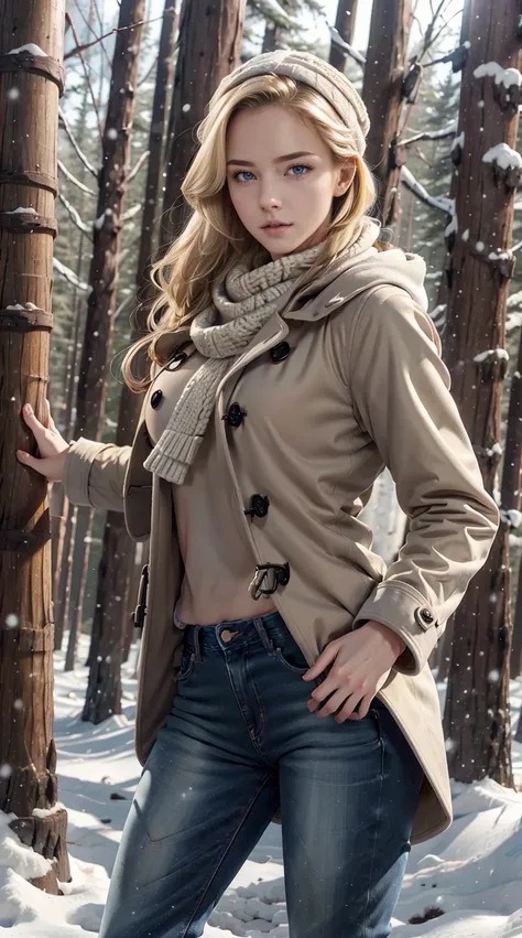 24-year-old Caucasian woman、Hair is blonde、Eye color is blue、Semi-long、Slender but well-proportioned muscular man、wearing a neck warmer、wearing a duffel coat、Im wearing jeans、Looking up and spreading his arms in the snowy forest、huge tit