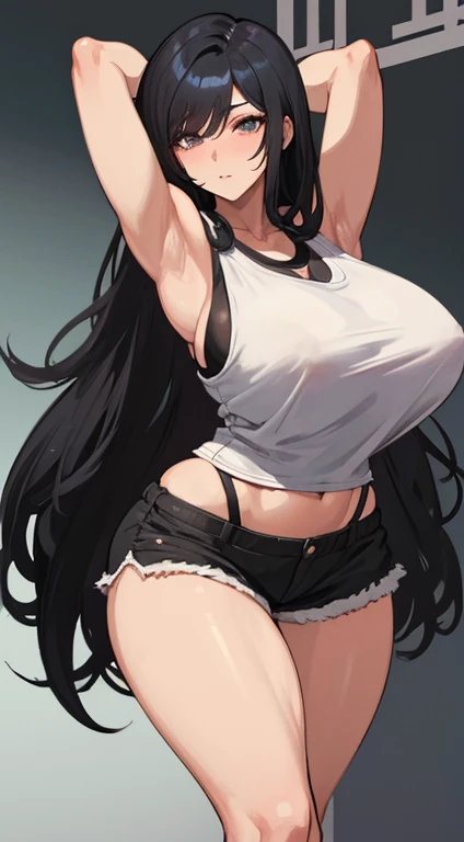 1mature woman, (black hair, long hair), (sexy short white tank top), short black shorts, huge breasts, nice hips, sexy thighs, massive tiddies