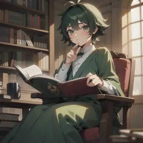 {{masterpiece}}, best quality, anime style, male, 1guy, 10 years old, sitting on a chair, inside a library, looking at a book, messy hair, green short hair, pure emerald eyes, blush, shy expression, royalty, royalty clothes.