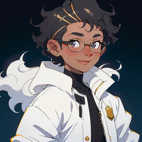 1boy smiling, curly hair, short hair, round glasses, white skin,
nose and mouth of a black person,
small gold piercings in the ear, hair shaved to the side, wearing a white shirt with a white jacket over it, half Brazilian and half black, 18 years old, loo...