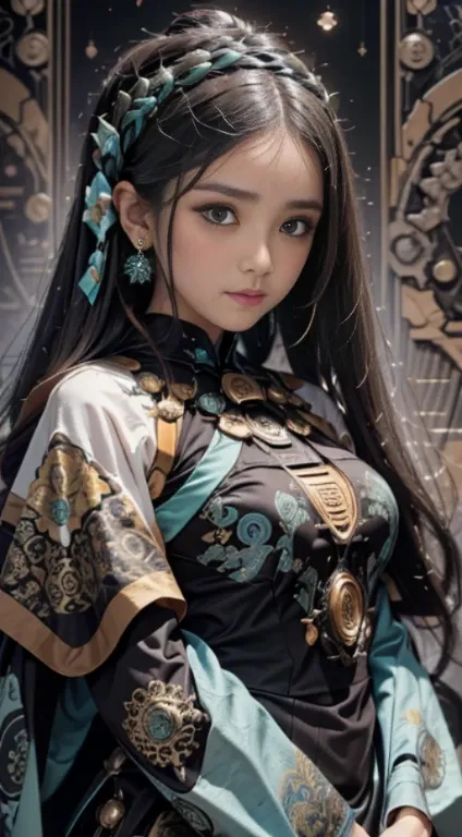 Pretty girl ranti, realistic, brown eyes, Black hair, Javanese tradisional dress, cyan batik