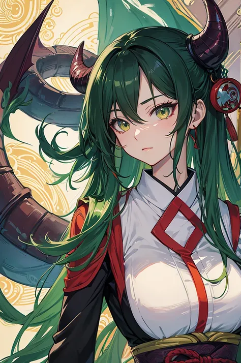 Japanese cartoon, Japanese cartoon girl, Green, brunette color hair, Eau, Green, Eaucolor, Yang Jie&#39;s photo, Pixiv Contest Winner, Fantasyart, beautiful avatar picture, human and dragon fusion, Artgerm and Atey Ghailan, demon slayer artstyle, Japanese ...