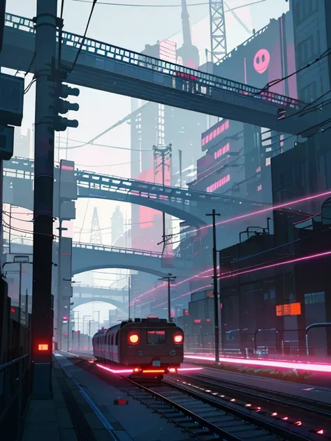 (Cyberpunk landscape), (era, Amy Saul style), (moon light, pedestrian bridges, elevated trains, cables, Duct, energy lines, building towers, Tunnels), cover art with light abstraction, abstract,  vector art, modern cyberpunk art, Color gradients, Soft colo...