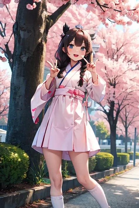 masterpiece, best quality, highres, bbhana, long hair, brown hair, single braid, hair ornament, whisker markings, korean clothes, hanbok, long sleeves, striped sleeves, pink skirt cherry blossoms, outdoors, standing, smile, open mouth, peace sign