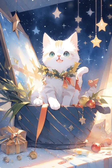 Chrismas、cat、indoor、stunningly beautiful、highly detailed、masterpiece、eye-level、colorful、extremely luminous bright design、len flare、fantasy、watercolor painting