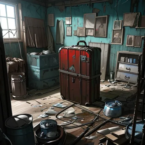 (best resolution),(masterpiece), (best shading), close-up of 1 open red suitcase full of clothes in an abandoned room with (dirt on the floor, some old torn papers, rusty cans, rusty shelves (with plastic containers, pots and tattered books), old posters b...