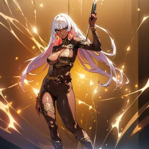 Warrior witch, (((masterpiece))), (((best quality))), ((8k)), ((ultra-detailed)), (1 dark-skinned human woman: 1.2), (white hair 1,3), (((Heterochromia, in the eyes, red and yellow: 1,2))), (standing), full body, sexy body, (tight black bodysuit: 1.2, gold...