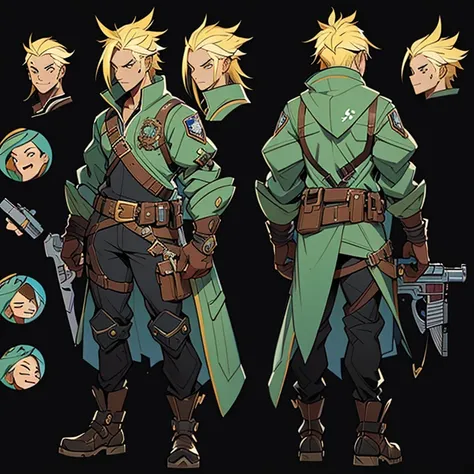 close-up of a man in a gun costume, ((character concept art)), ((character design sheet, same character, front, side, back)) map...