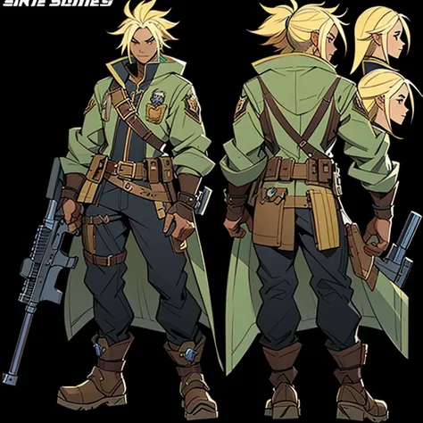 close-up of a man in a gun costume, ((character concept art)), ((character design sheet, same character, front, side, back)) map...