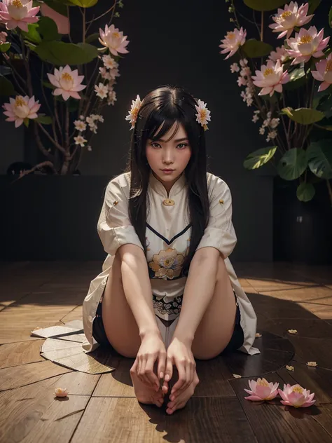 anime girl sitting on a floor with lotus flowers in front of her, artwork in the style of guweiz, 4k detailed digital art, inspired by Ju Lian, reflection, 4k highly detailed digital art, 8k high quality detailed art, dark but detailed digital art, stylize...