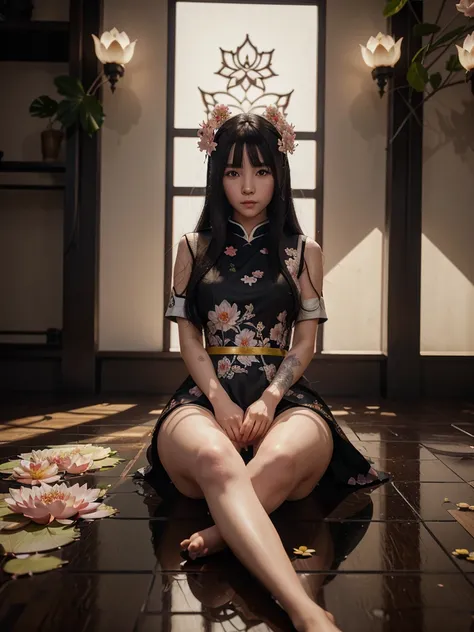 anime girl sitting on a floor with lotus flowers in front of her, artwork in the style of guweiz, 4k detailed digital art, inspired by Ju Lian, reflection, 4k highly detailed digital art, 8k high quality detailed art, dark but detailed digital art, stylize...