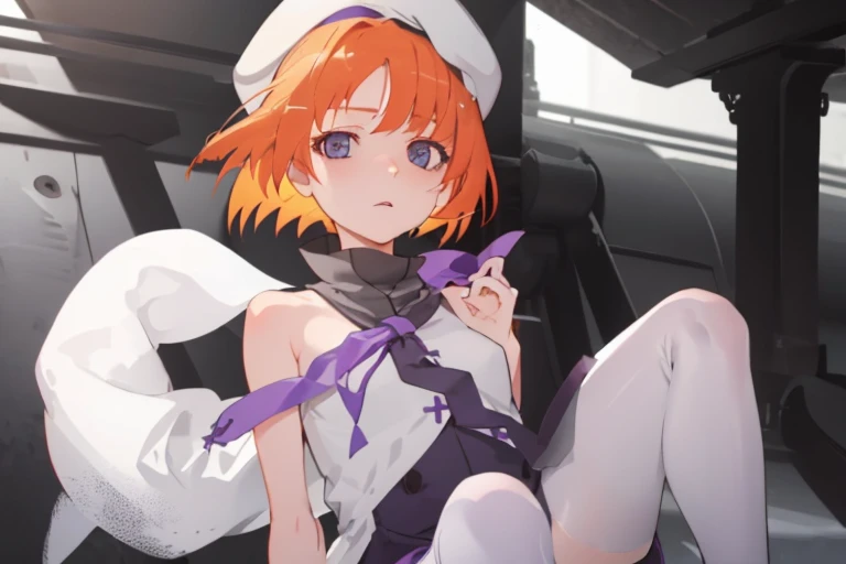 1girl in，White beret，Orange hair，short head hair，White clothes，Blue eyes，Face Up，Purple ribbon，Black tights