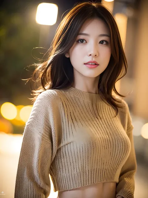 Best Quality、Photo of Pretty Japanese woman、女の子1人、side portrait、Tall lady、(Abs、slim figure:1.2)、Dark brown medium hair、二重まぶた、knitted sweater、Realistic ray light、The background is winter Christmas illuminations、Distract