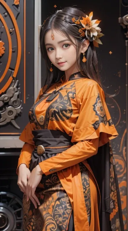 Pretty girl ranti, realistic, brown eyes, Black hair, Javanese tradisional dress, orange batik