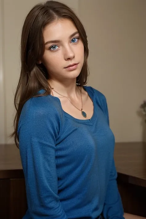 (Please generate an image of a young woman wearing a shirt and necklace. She has brown hair, bigger, eBlue eyes, and a subtle, natural makeup. The photo should show that she has no obvious makeup, She should look directly into the camera. The face should l...