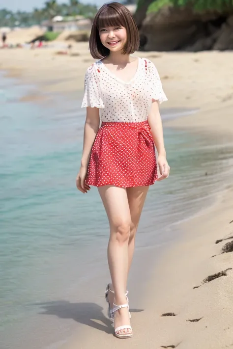 Innocent Japanese girl,High Teenager,Standing (Detailed body,the bust is small,are small,Constricted waist,big breasts thin waist,thick butt,Thick thighs,Thick calf,Larger buttocks,white sandals on feet) (detailed photo composition,sand beachに背を伸ばして立っている,F...