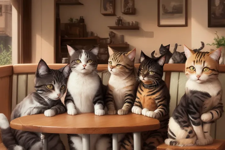 A group of cats resting and chatting on a cafe table，coffee on the table