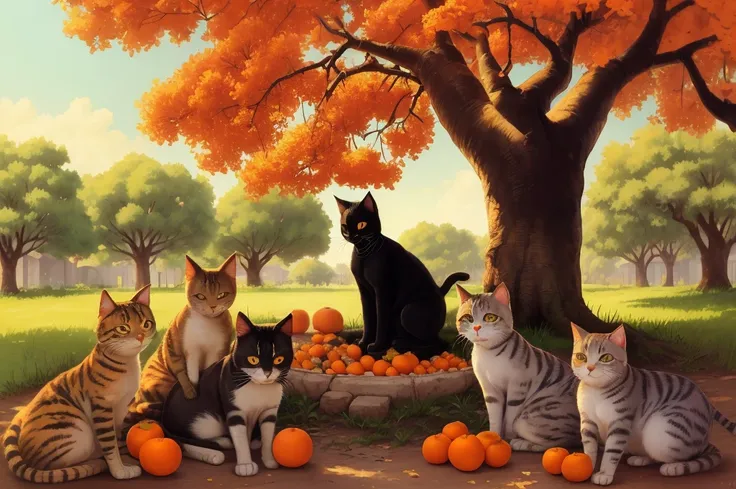 A group of cats under the orange tree，There are a lot of picked oranges next to it