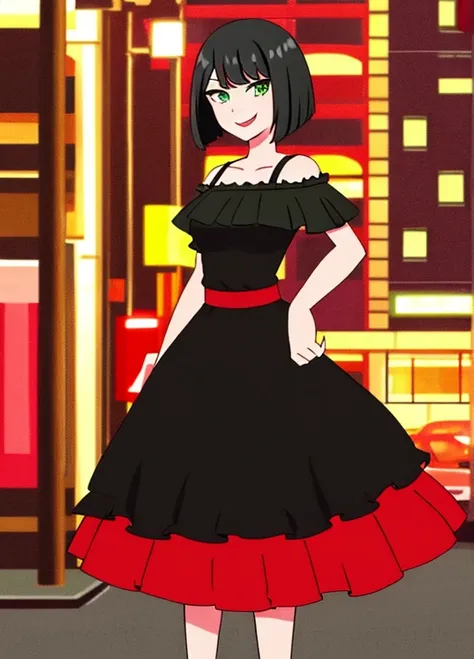 1 girl, Teenage, Black hair, Short black hair, Medium Hair, Bob Hair, Green eyes, off shoulder dress, red Flamenco Dress, Flamenco dancer, sleeveless, red long skirt, Smile, the city street, Sexy, nighttime, masterpiece, High quality, better lighting.