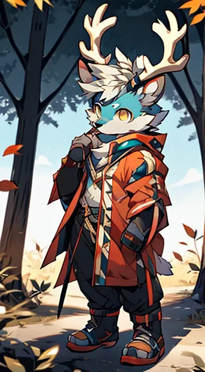 (tmasterpiece), Maple forest background, (deer antlers), deer ear, furry, Cyan hair, Golden eyes, Bunched hair, Floor-to-earth robes, hooding,Looking Up The Sky, disconsolate, Half sideways, Full body like