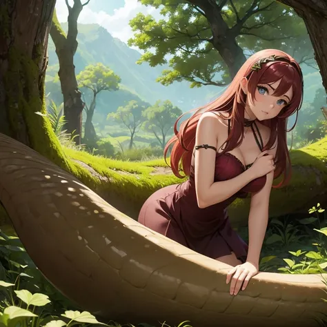 Imagen estilo anime de una una chica lamia que esta en un bosque y tiene una mirada de furia