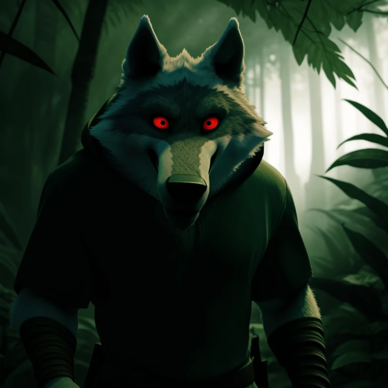 (best quality,8k,ultra-detailed,masterpiece:1.2),realistic,high-res,death,lonely Wolf in an Amazon rainforest,black hoodie,red-eyed:1.1,standing,ominous atmosphere,immersed in darkness,quiet,thick vegetation,dense foliage,sunlight filtering through trees,r...