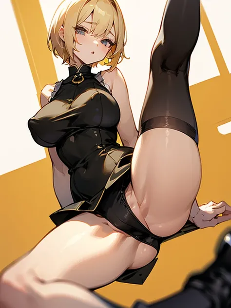 huge tit、A teenage girl、tight skirts、Sleeveless dress、a blond、short-hair、verd s eyes、Black pantyhose、opening legs、stiff nipple、slim thigh、