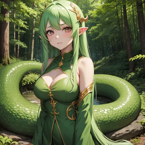 Anime style image of a lamia girl who is in a forest and her gaze is cold and she is not smiling