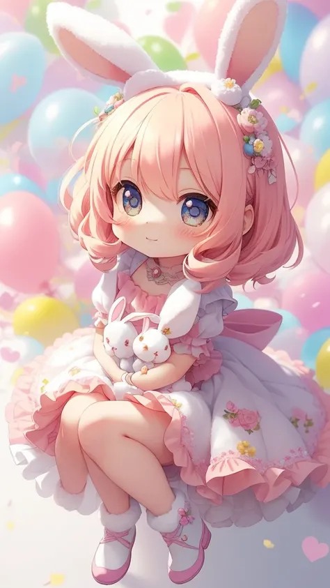 Bunny morphing a cute girl, Fluffy, Soft ((Best Quality)), ((masutepiece)), ( Extreme Detail, Highest detail, Official art, Beauty and aesthetics: 1.2), depth of fields, Composition, Full body, (Chibi), (Beautiful and detailed eyes: 1.3), (Very happy: 1), ...