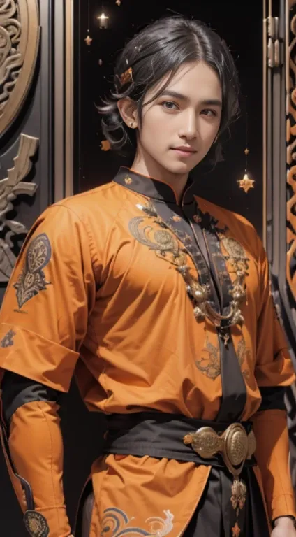 Handsome men raden, realistic, brown eyes, Black hair, Javanese tradisional dress, with Javanese blangkon, orange batik