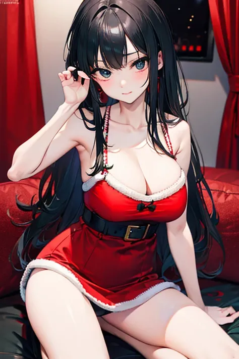 black hair, sexy, large breast, santa lingerie, santa underwear