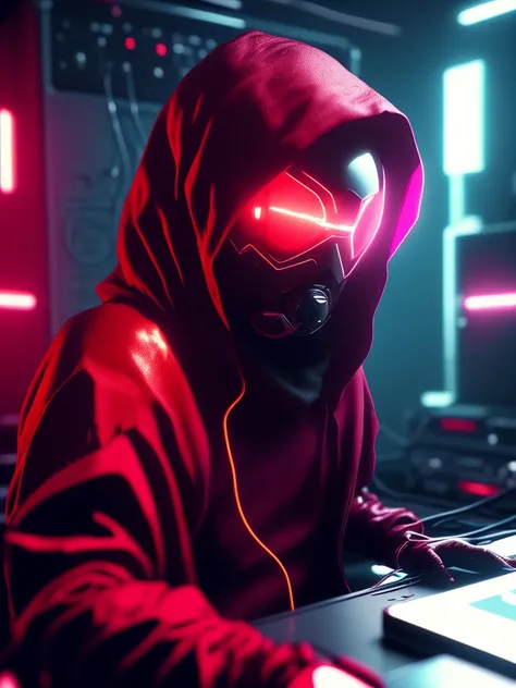 NeonNinja style, a close up of a person wearing a red hood there is a large ball in the middle of a room, a close up of an electronic device on a table