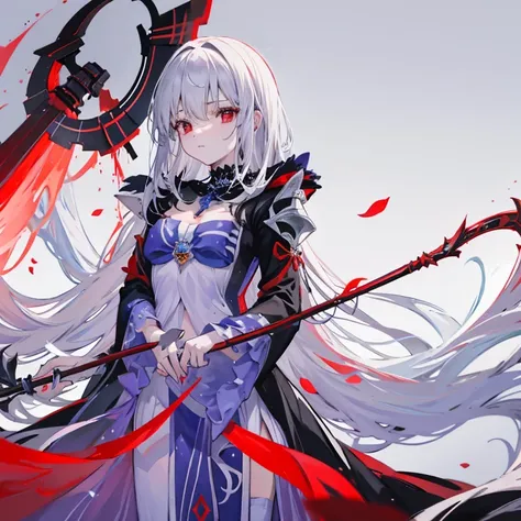 gazing at viewer、knight wearing armor、wearing a black robe、red eyes、wearing a red aura、holding a scythe、fantasticalな背景、pretty wo...